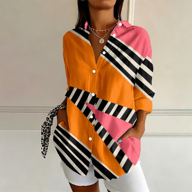 Orange Pink Diagonal Stripe Print Long Sleeve Blouse - Orange - 4XL - image 1