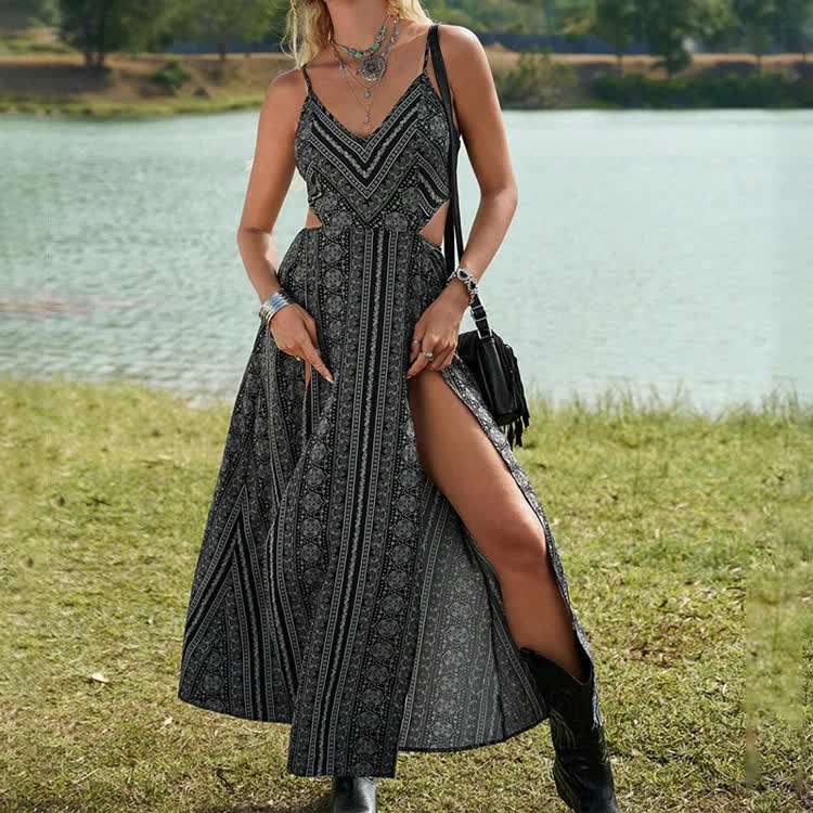 Boho Ethnic Stripes Print Waist Cutout Double Slits Maxi  Strappy Dress - image 2