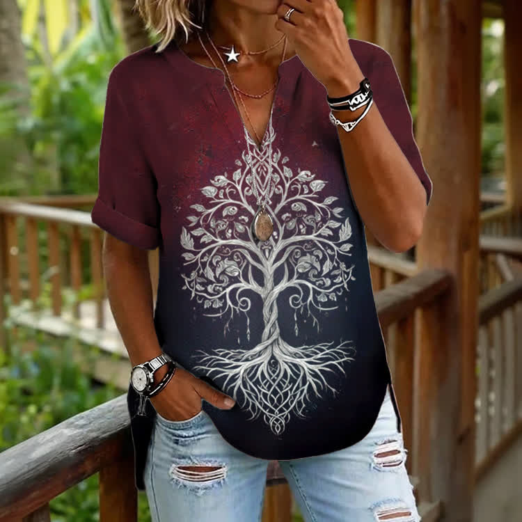 Boho Tree of Life V Neck Short Sleeve Blouse - Wine - 5XL - image 1