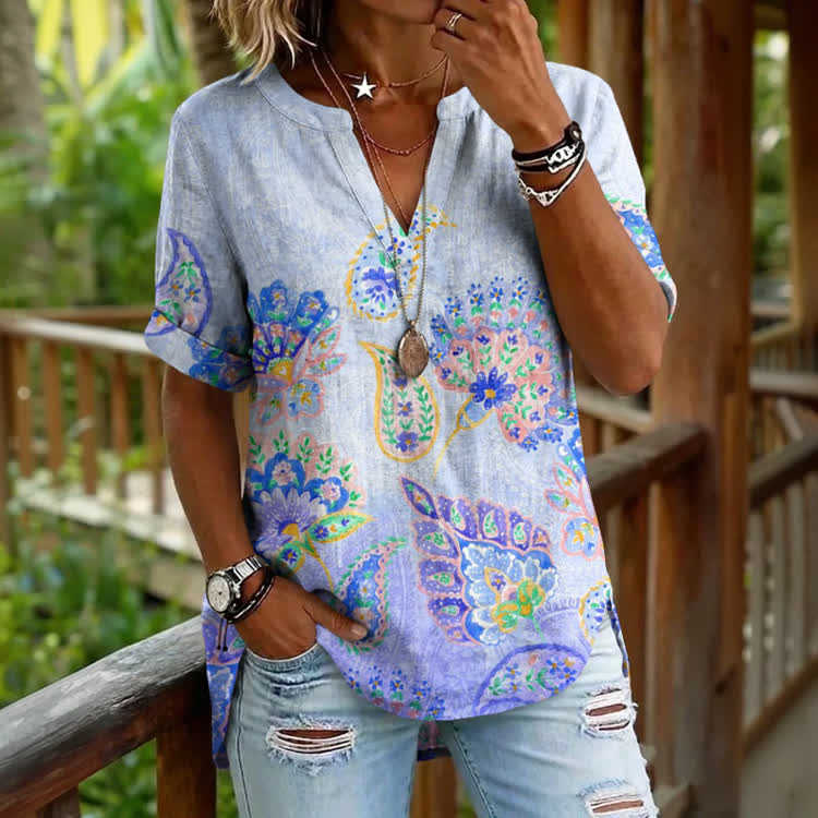 Boho Gradient Watercolor Paisley Pattern Print Short Sleeve Casual Blouse - Light Blue - 5XL - image 1