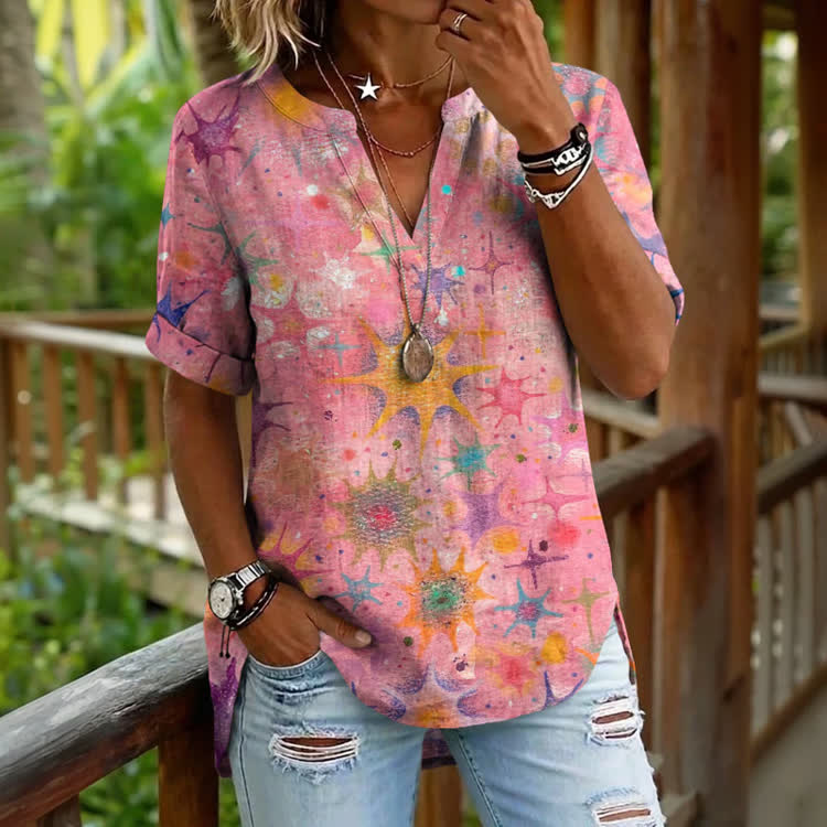Hippie Colorful Star Spots Pattern Print Short Sleeve Casual Blouse - Pink - 5XL - image 1