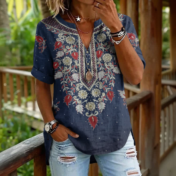 Boho Ethnic-Style Collar Pin Pattern Print Short Sleeve Casual Blouse - Dark Blue - 5XL - image 1