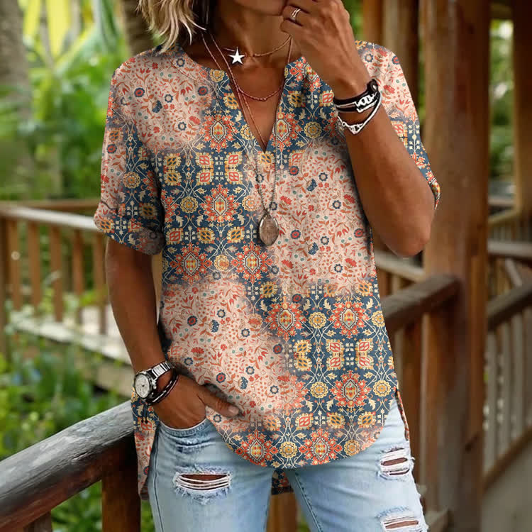 Boho Two-Tone Faded Ethnic Pattern Print Short Sleeve Casual Blouse - Pink - 5XL - image 1