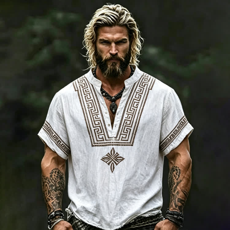 Vintage Viking Vegvisir Celtic Knot Design Art Print Short Sleeve Half-placket Shirt - White - 5XL - image 2