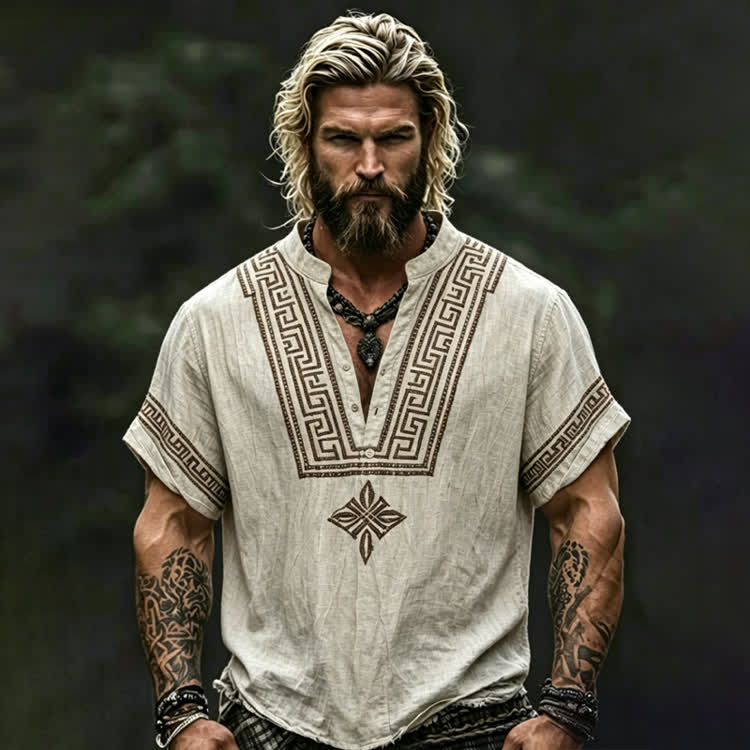 Vintage Viking Vegvisir Celtic Knot Design Art Print Short Sleeve Half-placket Shirt - Apricot - 5XL - image 1