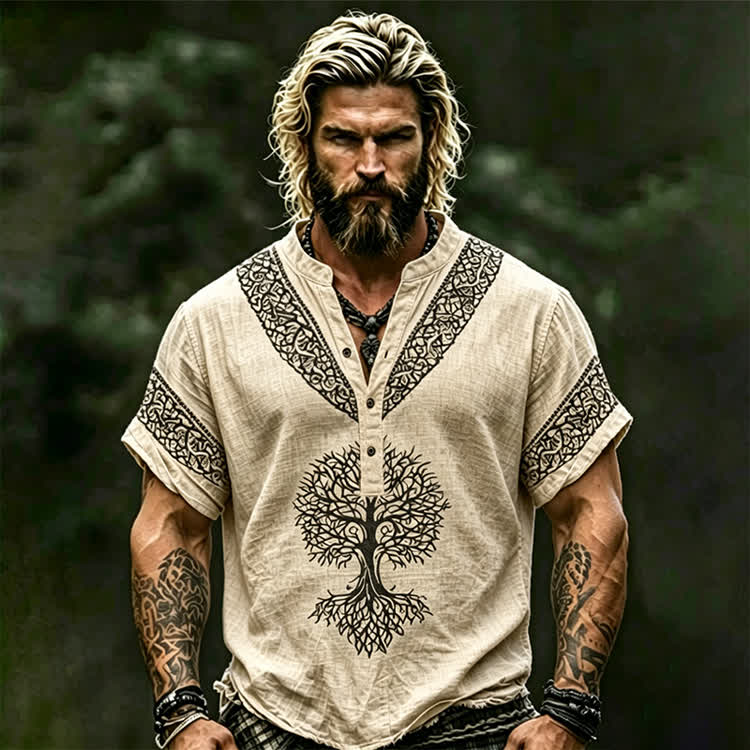 Vintage Viking Tree Of Life Art Print Short Sleeve Half-placket Shirt - Apricot - 5XL - image 2