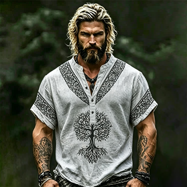 Vintage Viking Tree Of Life Art Print Short Sleeve Half-placket Shirt - Light Gray - 5XL - image 1