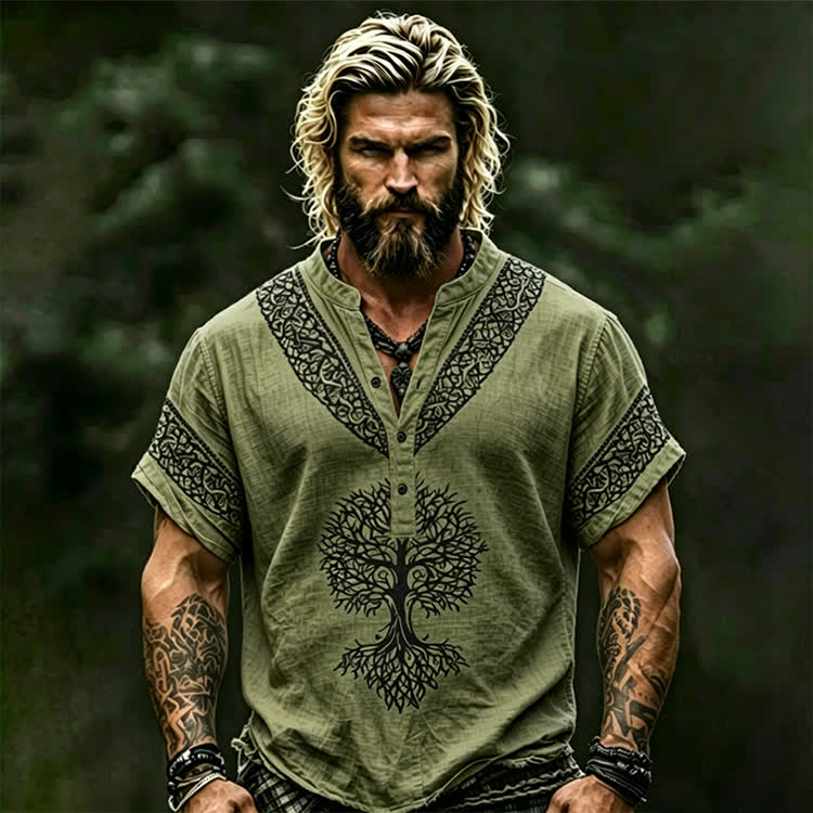 Vintage Viking Tree Of Life Art Print Short Sleeve Half-placket Shirt - Army Green - 5XL - image 4
