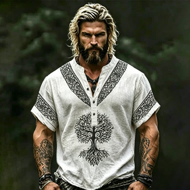 Vintage Viking Tree Of Life Art Print Short Sleeve Half-placket Shirt - White - 5XL - image 3