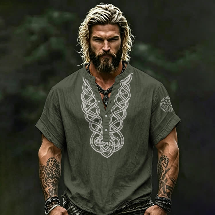 Vintage Viking Knot Print Short Sleeve Half-placket Shirt - Army Green - 5XL - image 2