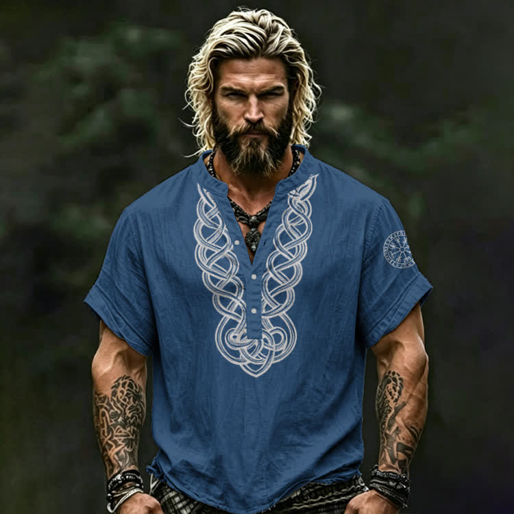 Vintage Viking Knot Print Short Sleeve Half-placket Shirt - Blue - 5XL - image 1
