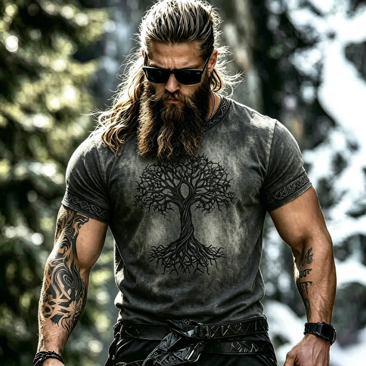 Vintage Viking Knot Tree Of Life Grungy Gradient Print Round-neck T-shirt - Dark Grey - 8XL - image 2