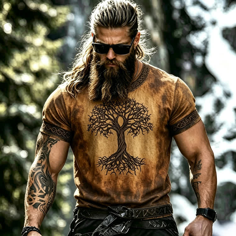 Vintage Viking Knot Tree Of Life Grungy Gradient Print Round-neck T-shirt - Orange - 8XL - image 1