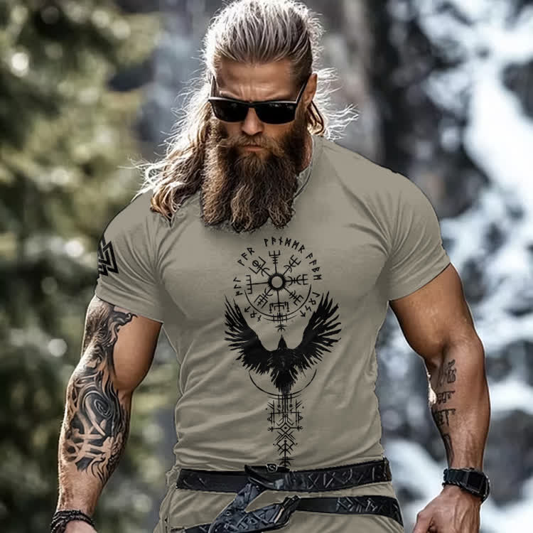Vintage Viking Tribal Celtic Bird Print Round-neck T-shirt - Olive Green - 8XL - image 2