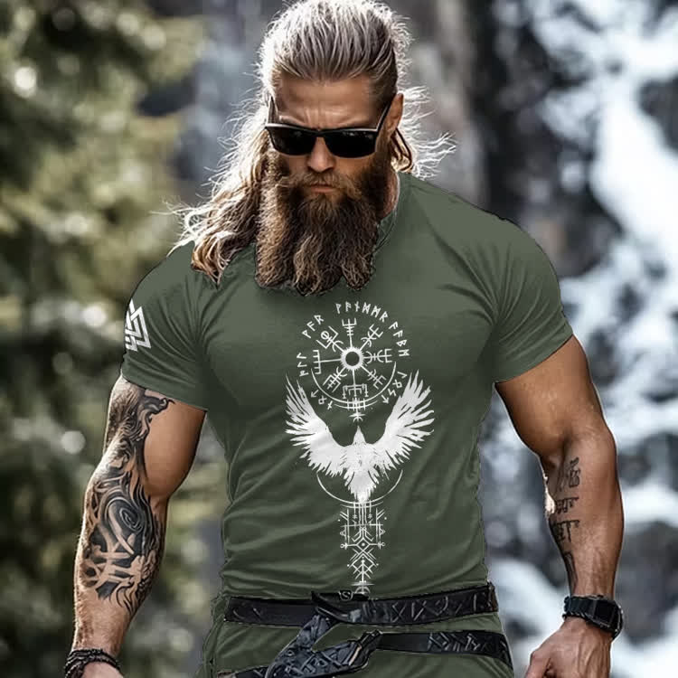 Vintage Viking Tribal Celtic Bird Print Round-neck T-shirt - Army Green - 8XL - image 1