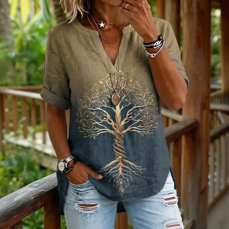 Boho Casual Ombre Tree Print Blouse - Grey - 5XL - image 2