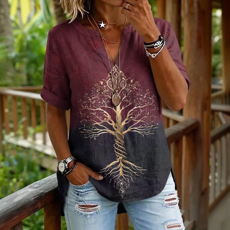 Boho Casual Ombre Tree Print Blouse - Wine - 5XL - image 1
