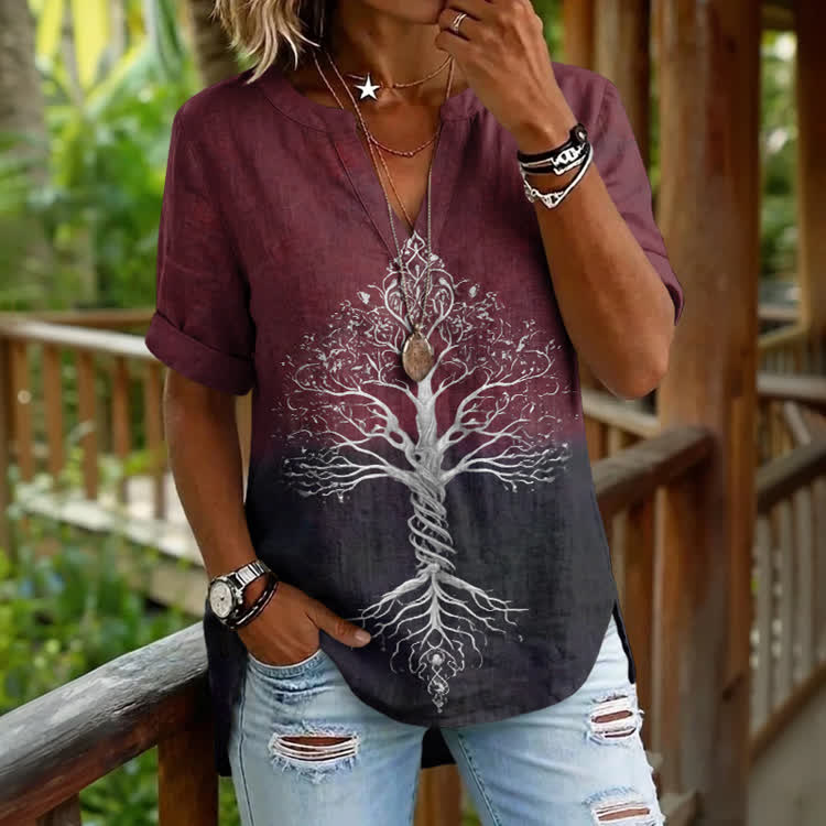 Free Spirit Ombre Tree of Life Graphic V Neck Blouse - Wine - 5XL - image 2