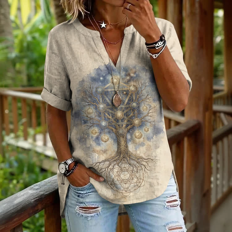 Artisan Mandala Tree Print V Neck Print Blouse - Apricot - 5XL - image 1
