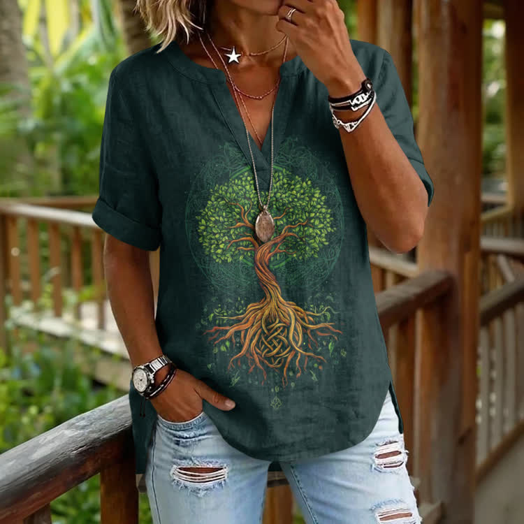 Vintage Tree Of Life Spring Yggdrasil Pattern Print Short Sleeve Casual Blouse - Dark Green - 5XL - image 1