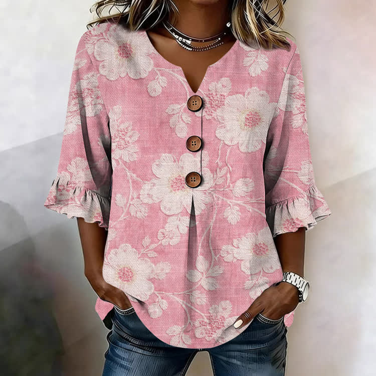 Pink Plant Silhouettes Breast Cancer Awareness Pattern Print Button V-Neck Blouse With Ruffle Sleeves - Pink - US32-34(5XL) - image 1