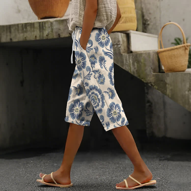 Soft Ethnic Floral Pattern Print Casual Pocket Mid Short Pants  - Blue - US 20 (5XL) - image 1