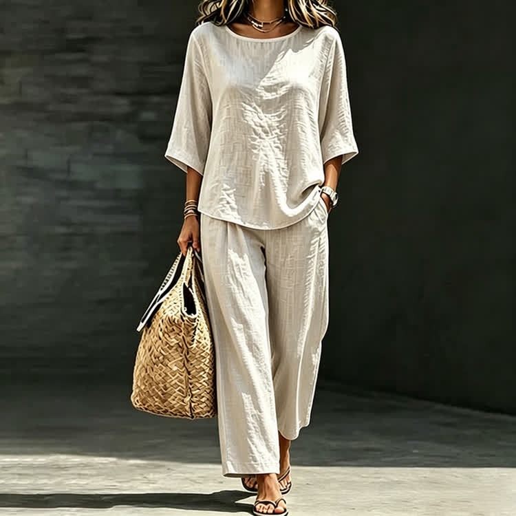 Elegant Solid Print 3/4 Sleeve Casual Blouse & Casual Pocket Pants Set - image 3