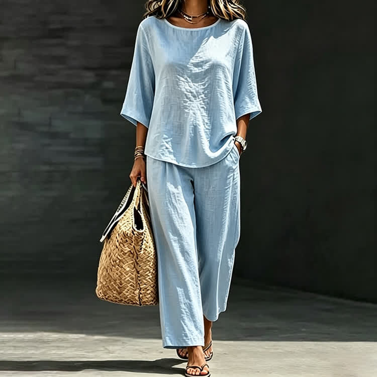 Elegant Solid Print 3/4 Sleeve Casual Blouse & Casual Pocket Pants Set - image 1