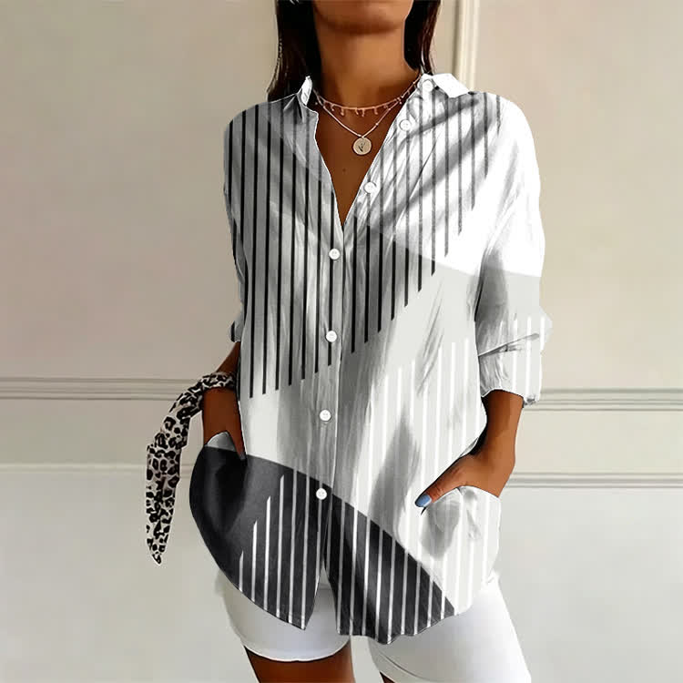 Modern Black & White Stripe Art Print Long Sleeve Blouse - White - 4XL - image 1
