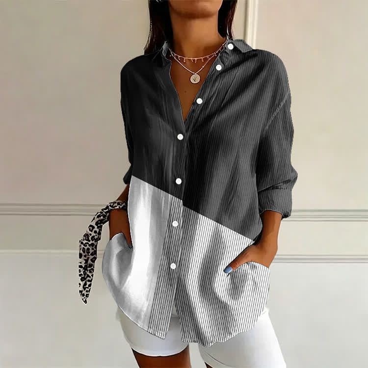Black & White Color Block Stripe Art Print Long Sleeve Blouse - Black - 4XL - image 1