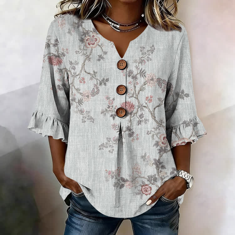 Ethnic Branches Texture Pattern Print Button V-Neck Blouse With Ruffle Sleeves - Grey - US32-34(5XL) - image 1