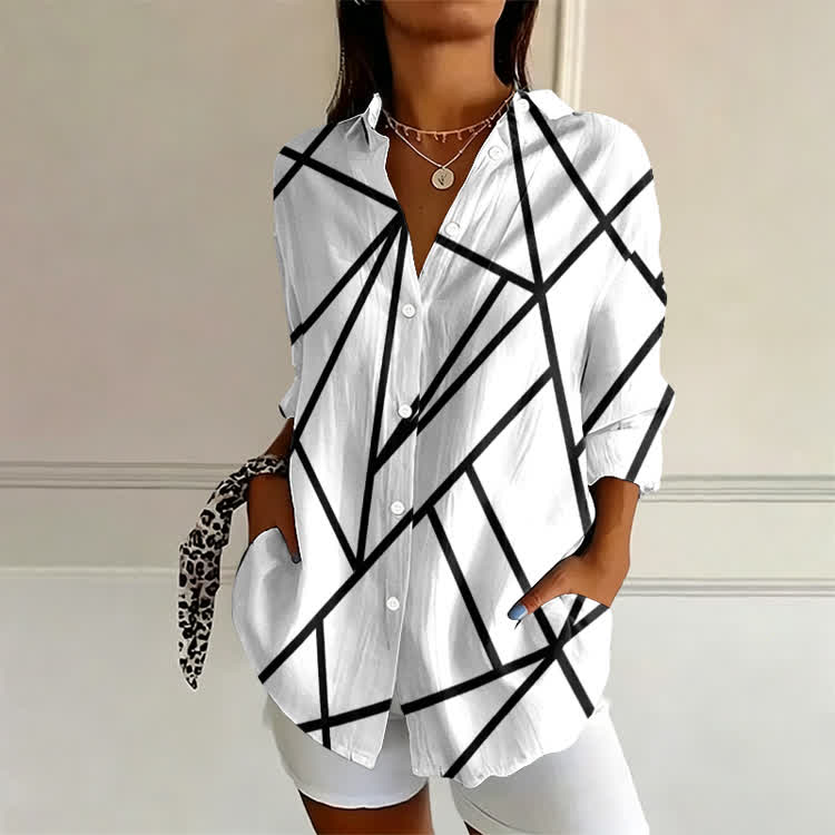 Black Geometric Line Art Print Long Sleeve Blouse - White - 4XL - image 1