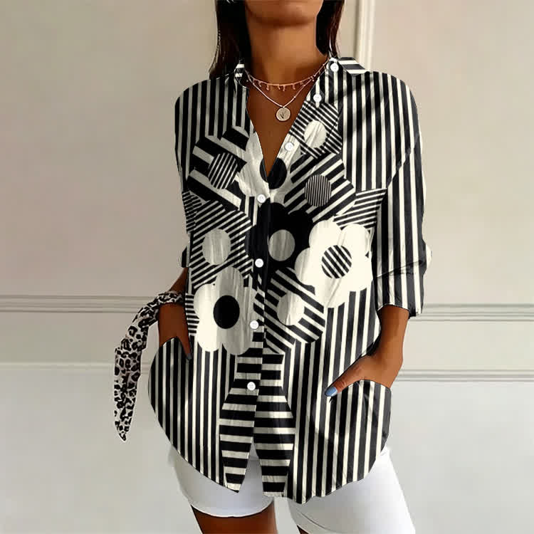 Deconstruction Striped Space Florals Pattern Print Long Sleeve Blouse - Black - 4XL - image 1