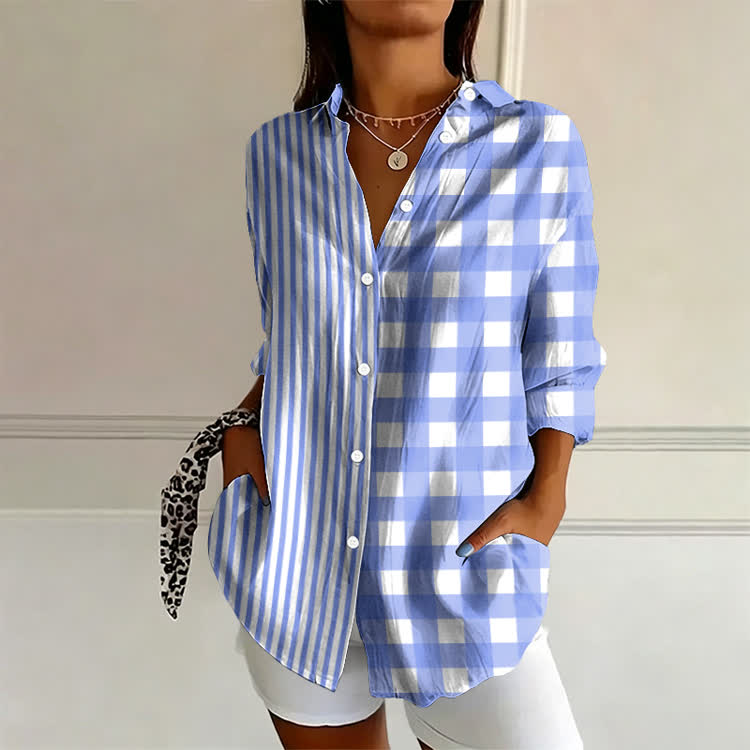 Minimalist Plaids And Stripes Pattern Print Long Sleeve Blouse - Light Blue - 4XL - image 2