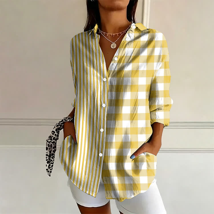 Minimalist Plaids And Stripes Pattern Print Long Sleeve Blouse - Yellow - 4XL - image 1