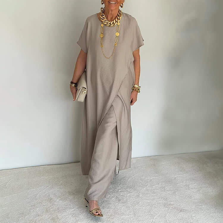 Elegant Solid Round-neck Short Wide-sleeve Blouse & Wide-legs Pants - image 8