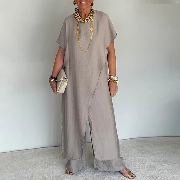 Elegant Solid Round-neck Short Wide-sleeve Blouse & Wide-legs Pants - Silver - 3XL - image 7