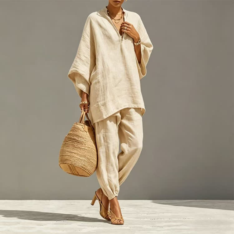 Elegant Solid V-neck Long-sleeve Loose Blouse & Bloomers Pants - image 2