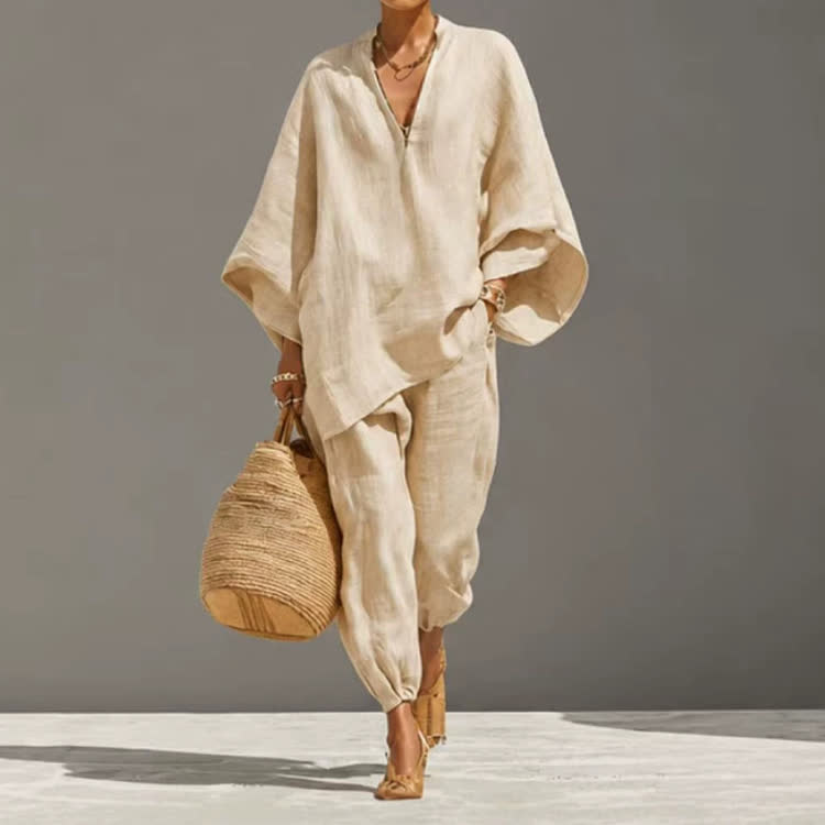 Elegant Solid V-neck Long-sleeve Loose Blouse & Bloomers Pants - Apricot - 3XL - image 1