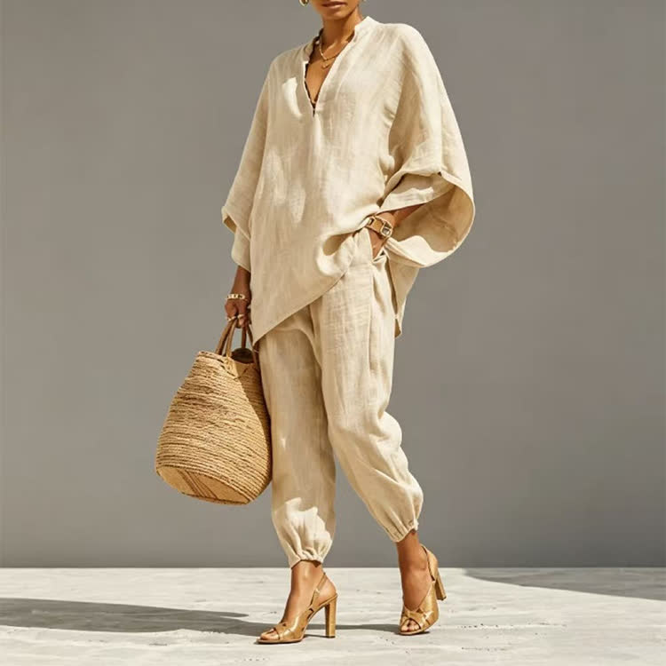 Elegant Solid V-neck Long-sleeve Loose Blouse & Bloomers Pants - image 4
