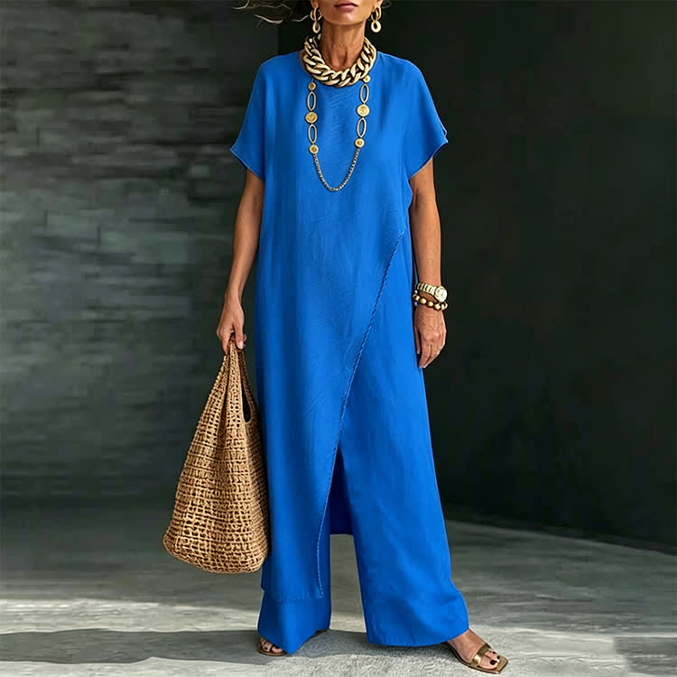 Elegant Solid Round-neck Short Wide-sleeve Blouse & Wide-legs Pants - image 2