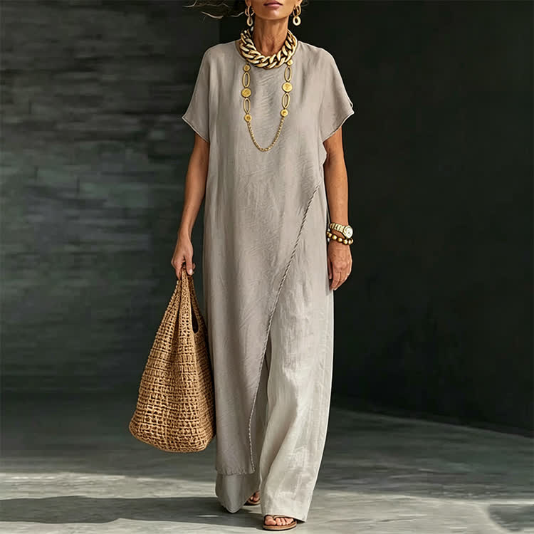 Elegant Solid Round-neck Short Wide-sleeve Blouse & Wide-legs Pants - image 1