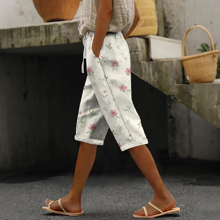 Pastoral Little Flowers Pattern Print Casual Pocket Mid Short Pants  - White - US 20 (5XL) - image 1