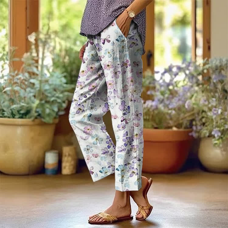 Watercolor Petals Pattern Print Casual Pocket Pants  - White - US 20 (5XL) - image 1