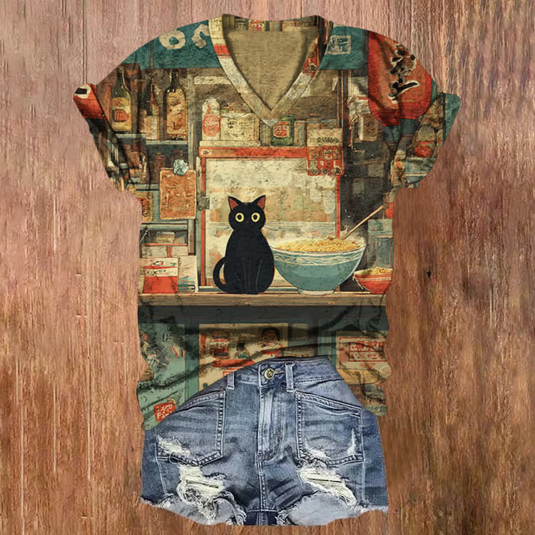 Japanese Ramen Shop Black Cat Pattern Print Short Sleeved V-Neck T-Shirt - Khaki - US32-34(5XL) - image 1