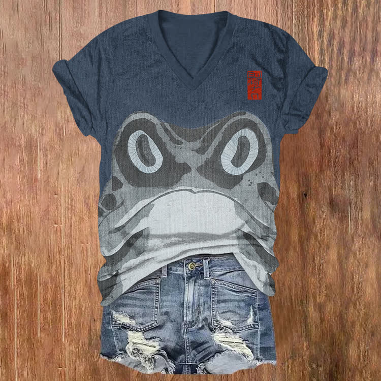 Japanese Angry Frog Pattern Print Short Sleeved V-Neck T-Shirt - Blue - US32-34(5XL) - image 2