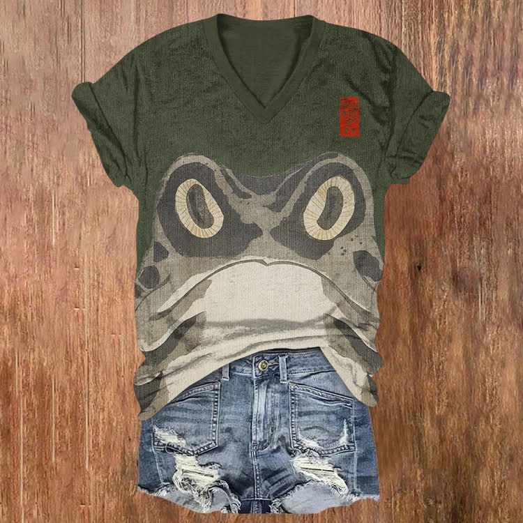 Japanese Angry Frog Pattern Print Short Sleeved V-Neck T-Shirt - Green - US32-34(5XL) - image 1