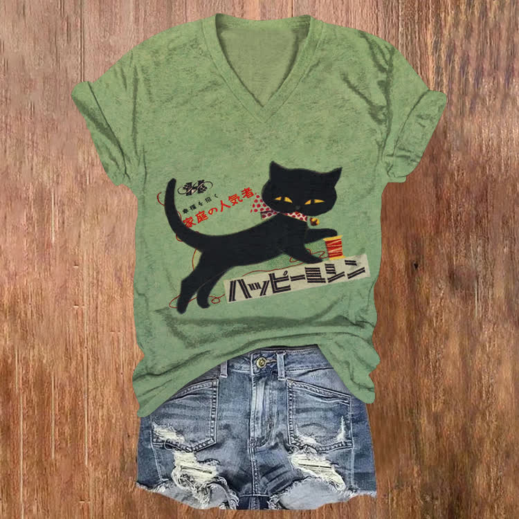Japanese A Cat Wearing A Polka-Dot Scarf Pattern Print Short Sleeved V-Neck T-Shirt - Light Green - US32-34(5XL) - image 1