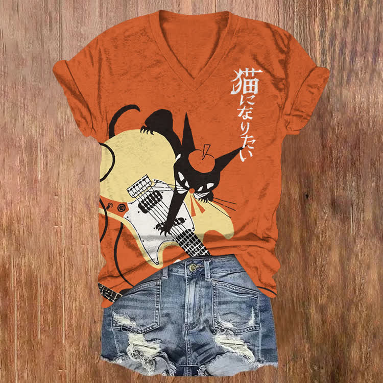 Japanese Kitty Guitarist Pattern Print Short Sleeved V-Neck T-Shirt - Orange - US32-34(5XL) - image 2