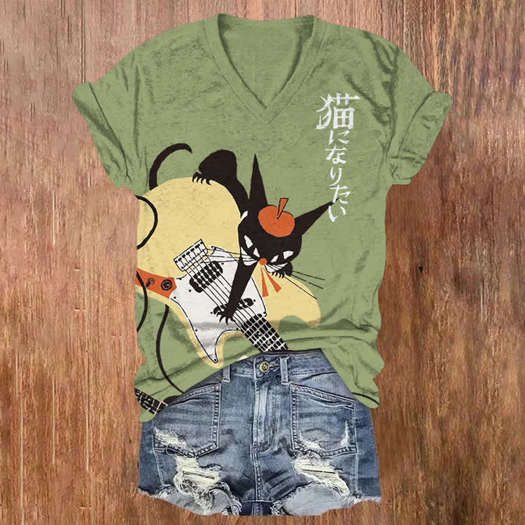 Japanese Kitty Guitarist Pattern Print Short Sleeved V-Neck T-Shirt - Light Green - US32-34(5XL) - image 1